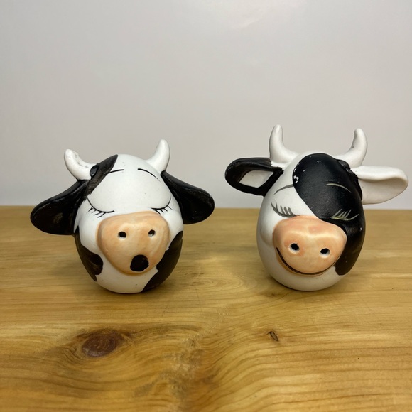 None Other - Vintage Cow Salt & Pepper Shakers Wood Ceramic Black White Horns